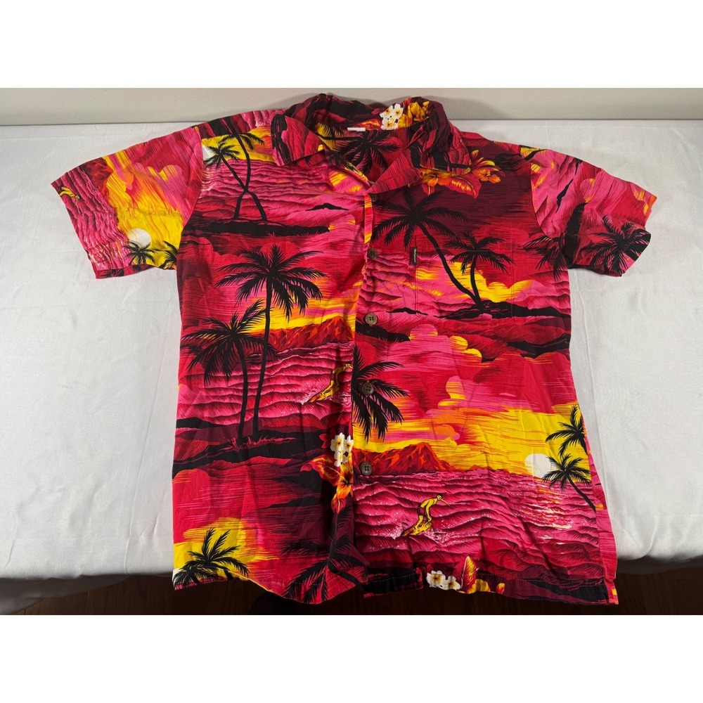 Palmwave Hawaii Mens Red Tropical Sunset Palm Tree Cotton Button Up Shirt S